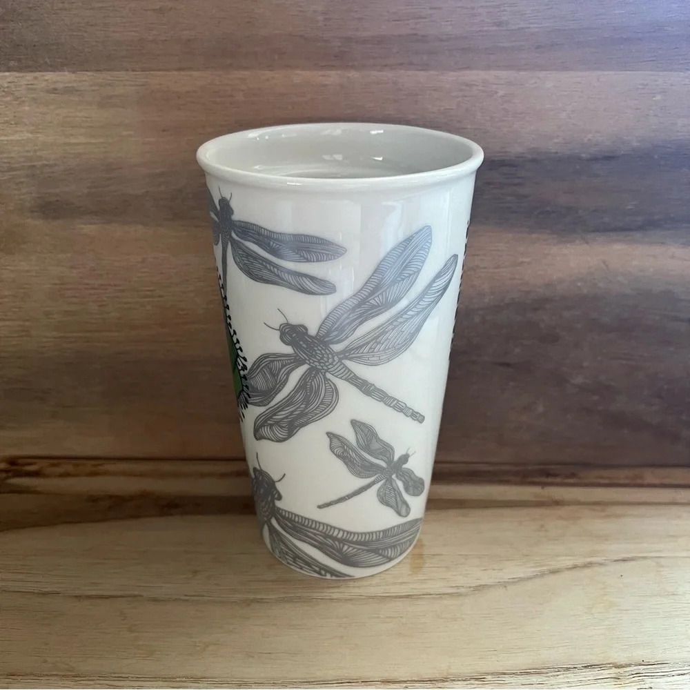 New Unused 12Oz 2014 Starbucks Dragonfly Lotus Ceramic Coffee Tea Tumbler w/ Lid